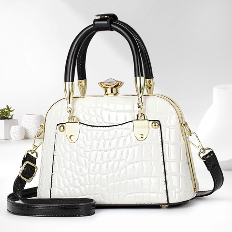 Sac À Main Femme Motif Crocodile Cuir PU Sac Docteur Avec Fermoir En Cristal Sac Bandoulière Élégant