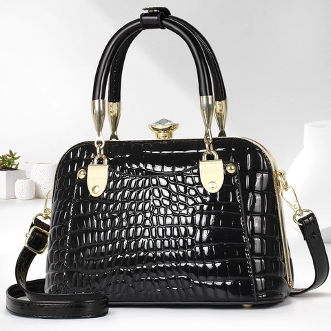 Sac À Main Pour Femme Motif Crocodile En Cuir PU Verni Brillant Sac Docteur Avec Fermoir En Cristal Dorure Élégante