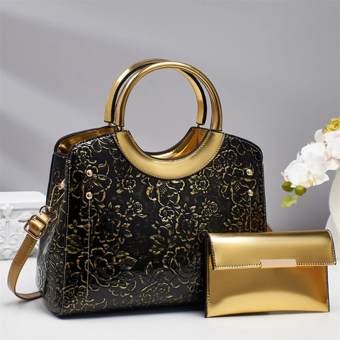 Borsa A Mano E Portafoglio Da Donna Goffratura Floreale Pelle PU Lucida Manico Superiore Borsa A Tracolla Elegante