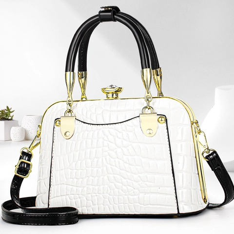 Sac À Main Pour Femme Motif Crocodile En Cuir PU Verni Brillant Sac Docteur Avec Fermoir En Cristal Dorure Élégante