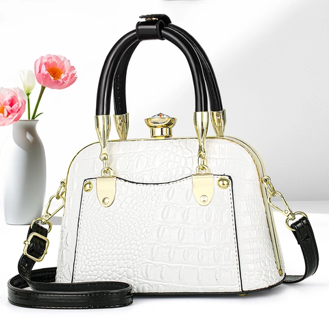 Sac À Main Femme En Cuir PU À Motif Crocodile Avec Fermoir Bijou Matériel Doré Élégant Sac À Bandoulière