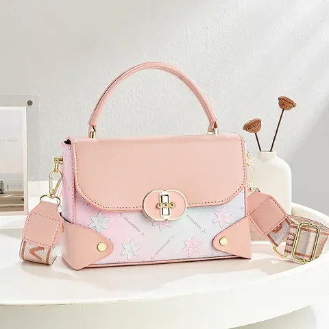 Women Chic Contrast Color PU Leather Shoulder Bag Floral Print Wide Strap Handbag Elegant Crossbody Bag Small Square Purse