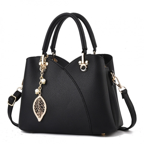 Sac À Main Femme Cuir PU Texture Litchi Sac À Bandoulière En V Pendentif Feuille Métal Décor Künstliche Perle Élégant Dames