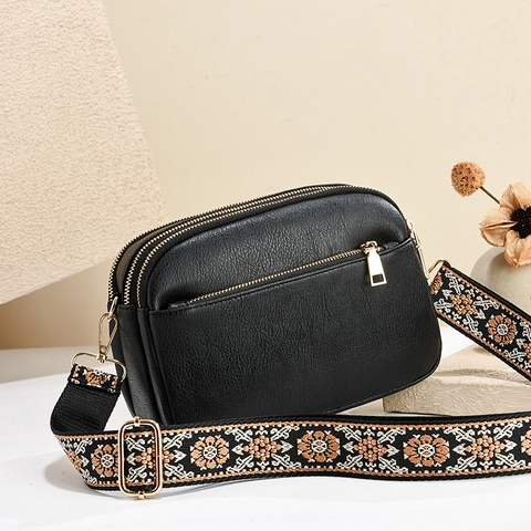 Women Crossbody Shoulder Bag PU Leather Three Layer Zipper Small Square Purse With Wide Ethnic Strap Urban Simple