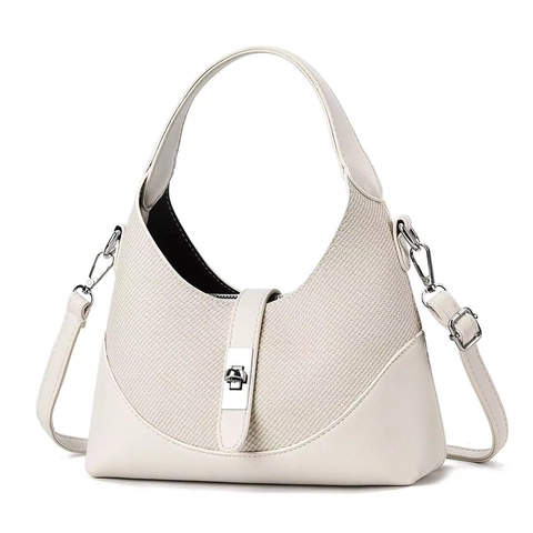 Borsa A Spalla Tracolla Donna Pelle PU Tessuto Patchwork Forma Dumpling Chiusura Argentata Casual Quotidiano Versatile