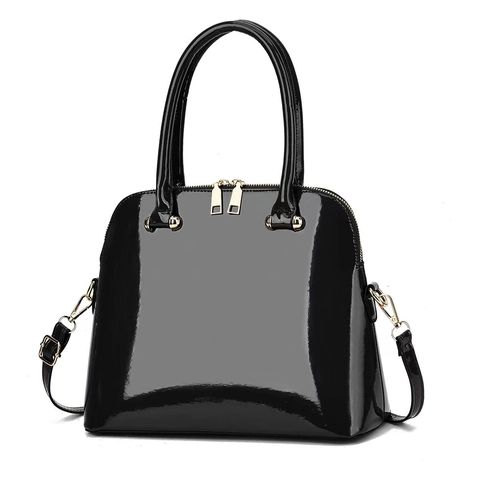 Women Glossy Patent Leather Dome Satchel Bag Dual Handle Double Zipper Handbag Crossbody Chic Fashionable