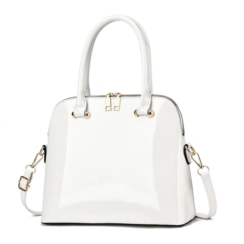 Women Glossy Patent Leather Dome Satchel Bag Dual Handle Double Zipper Handbag Crossbody Chic Fashionable