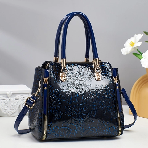 Sac À Main Femme Gaufré Floral Cuir Verni PU Cabas Bandoulière Poignées Supérieures Matériel Doré Style Luxe