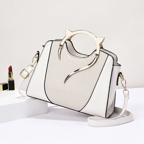Women Woven Patchwork PU Leather Handbag With Cat Ear Metal Handle Fashion Casual Crossbody Shoulder Bag