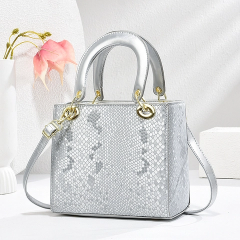 Women Snakeskin Embossed PU Leather Handbag Square Box Top Handle Shoulder Bag Gold Hardware Commuter Fashion