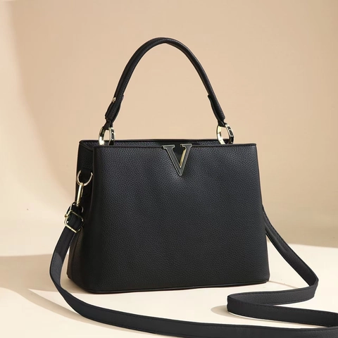 Bolso De Mano Elegante Para Mujer Cuero PU Grano Lichi Logo V De Metal Asa Superior Bolso De Hombro Estilo Minimalista Urbano