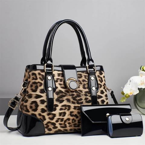 Borsa A Mano Con Stampa Leopardata E Portafoglio A Busta E Porta Carte Donna Pelle Verniciata Patchwork Borsa A Tracolla Chic