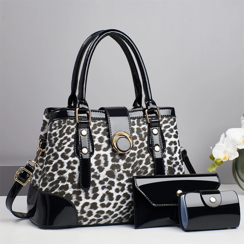 Handtasche Shopper Und Umschlagtasche Und Kartenhalter Aus PU Leder Mit Leopardenmuster Und Goldener Hardware