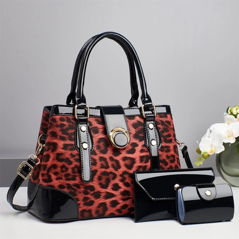 Handtasche Shopper Und Umschlagtasche Und Kartenhalter Aus PU Leder Mit Leopardenmuster Und Goldener Hardware