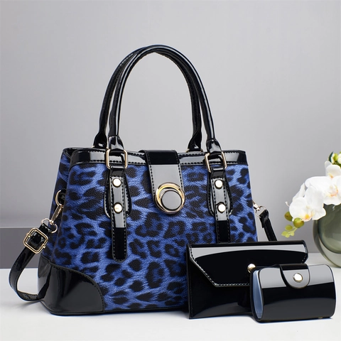 Borsa A Mano Con Stampa Leopardata E Portafoglio A Busta E Porta Carte Donna Pelle Verniciata Patchwork Borsa A Tracolla Chic