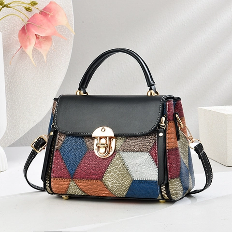Borsa A Mano Da Donna In Pelle PU Retro Monogramma Borsa A Tracolla Con Chiusura A Girello E Tracolla Rimovibile Patchwork Geometrico