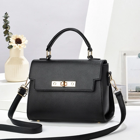 Women Top Handle Handbag Litchi Texture PU Leather Gold Turn Lock Shoulder Crossbody Bag Elegant Commuter Square Purse