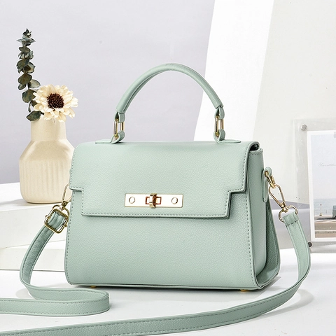 Women Top Handle Handbag Litchi Texture PU Leather Gold Turn Lock Shoulder Crossbody Bag Elegant Commuter Square Purse