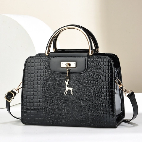 Women Handbag PU Leather Crocodile Pattern Metal Handle Deer Pendant Crossbody Shoulder Bag Fashion Elegant Style