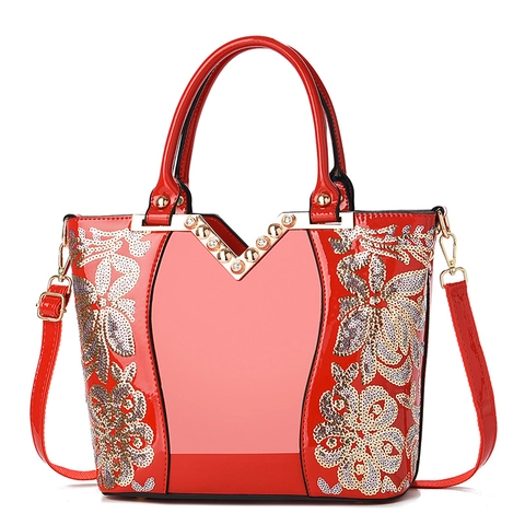 Borsa Da Donna In Pelle Verniciata Con Ricamo Floreale Di Paillettes Borsa A Tracolla Finitura Metallica A V Tracolla Regolabile