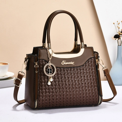 Bolso De Mano Para Mujer De Cuero PU Trenzado Bolso Elegante Con Asa Superior Y Correa Desmontable Colgante De Perlas Artificiales