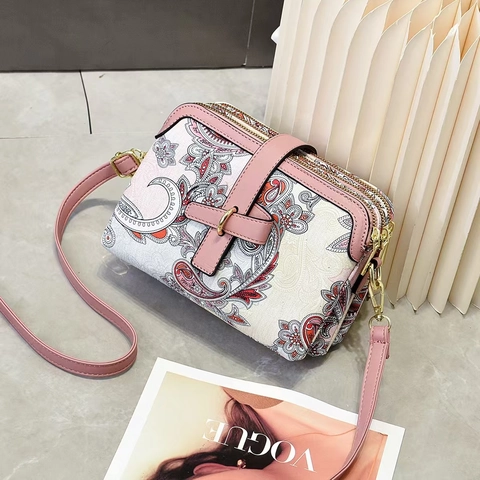 Sac Bandoulière Imprimé Paisley Cuir PU Multi Compartiment Triple Fermeture Éclair Petit Sac À Épaule Femme Style Rétro