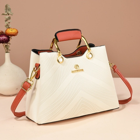 Bolso De Mano Moda Mujer Cuero PU Textura De Onda Mango Color Contraste Herrajes Dorados Bolso Bandolera Gran Capacidad