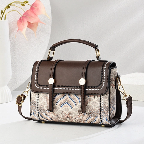 Retro Spleißen Jacquard Damen Kleine Quadratische Tasche PU Leder Stickerei Schulter Umhängetasche Mit Verstellbarem Gurt Tragegriff