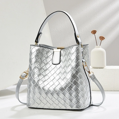 Gewebte PU-Leder Eimertasche Damen Retro Handtasche Umhängetasche Mit Abnehmbarem Verstellbarem Riemen