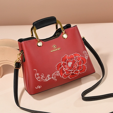 Women Embroidery Handbag PU Leather Peony Floral Pattern Metal Handle Detachable Shoulder Strap Retro Elegant Crossbody Bag
