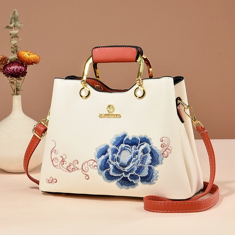 Women Embroidery Handbag PU Leather Peony Floral Pattern Metal Handle Detachable Shoulder Strap Retro Elegant Crossbody Bag
