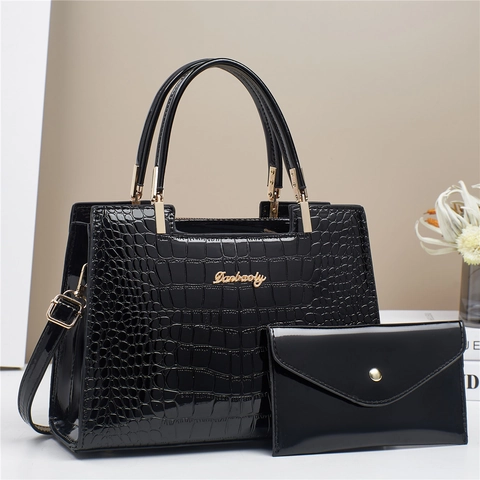 Bolso De Mano Para Mujer Tote Y Cartera De Sobre Estampado Cocodrilo Cuero PU Brillante Elegante Oficina Bolso De Hombro