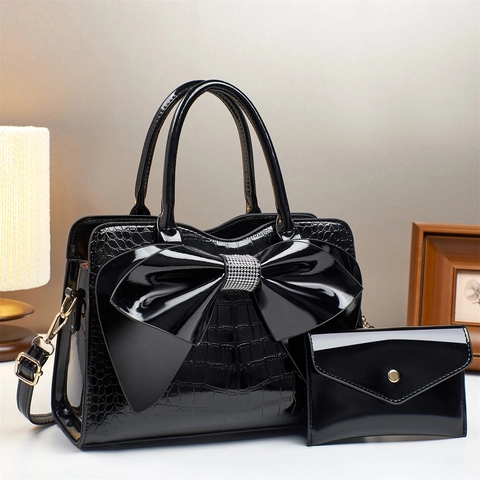 Women Patent Leather Crocodile Pattern Handbag And Pouch Large Bow Rhinestone Elegant Tote Shoulder Crossbody Bags