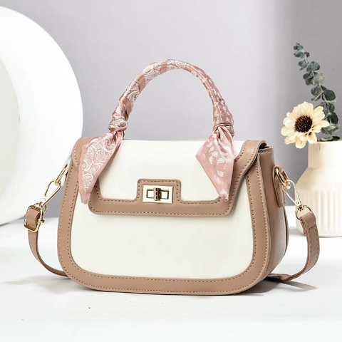 Bolso Bandolera De Mujer Cuero PU De Mano Con Asa De Pañuelo Color De Contraste Bolso Cuadrado Moda Elegante Correa Ajustable