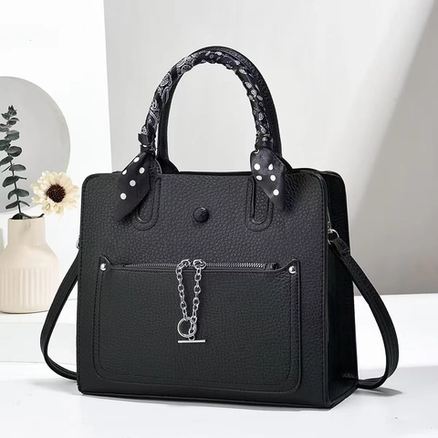 Borsa A Mano Donna Pelle PU Motivo Litchi Manico Avvolto Sciarpa Catena Metallo Grande Capacità Borsa A Tracolla Elegante Moda