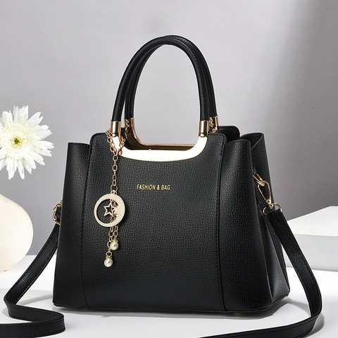 Women Lychee Pattern PU Leather Handbag Gold Hardware Star Artificial Pearl Pendant Shoulder Crossbody Bag