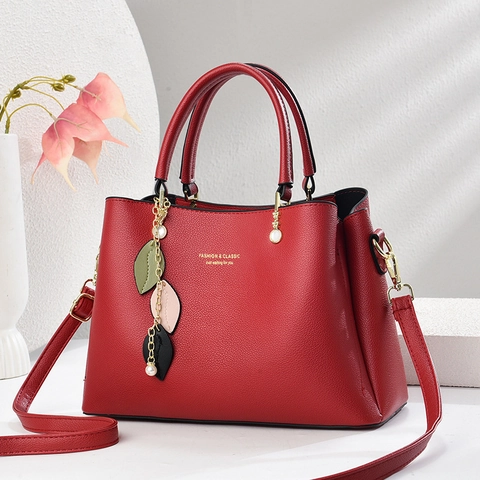 Sac À Main Femme Cuir PU Grain Litchi Sac À Bandoulière Cabas Avec Pendentif Künstliche Perle Feuille Décontracté Pour Dames