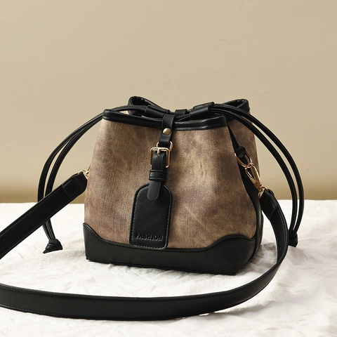Borsa A Secchiello Donna Pelle PU Stampa Leopardata Vintage Coulisse Spalla Tracolla Casual Alla Moda Patchwork