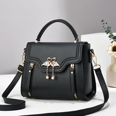 Women Handbag PU Leather Litchi Texture Swan Artificial Pearl Buckle Square Shoulder Bag Crossbody Elegant Top Handle Messenger