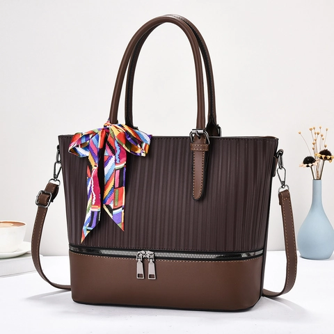 Bolso Tote De Mujer Cuero PU Bloque Color Plisado Bufanda Bolso De Hombro Cruzado Gran Capacidad Moda Elegante