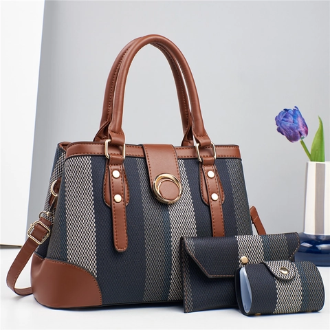 Borsa Da Donna Con Portafoglio E Borsellino Pelle PU A Righe Tote Borsa A Spalla Moda Versatile Casual Per Signora