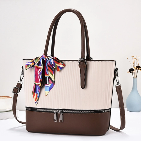 PU Leather Tote Handbag Contrast Color Patchwork Stripe Texture Large Capacity Shoulder Bag With Satin Scarf For Women