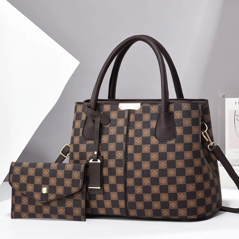 Damen PU Leder Handtasche Und Beutel Gitter Karomuster Geometrischer Druck Große Kapazität Schulter Umhängetasche