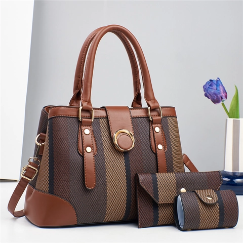 Dames Gestreepte Geweven PU Leren Grote Tote Handtas Schoudertas Crossbody Tas Met Portemonnee En Tasje