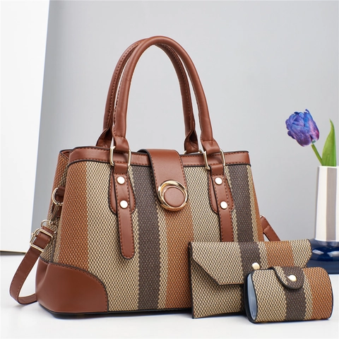 Dames Gestreepte Geweven PU Leren Grote Tote Handtas Schoudertas Crossbody Tas Met Portemonnee En Tasje