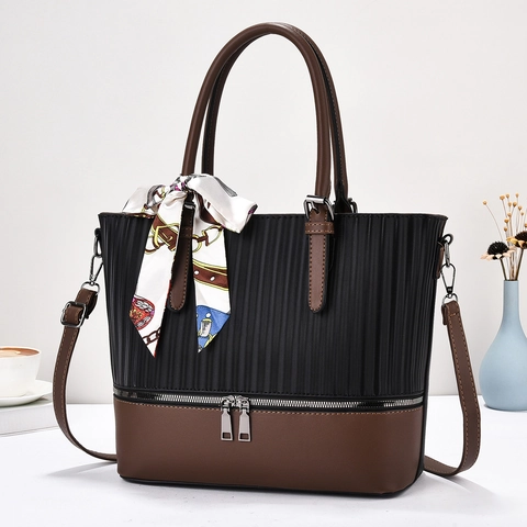 PU Leather Tote Handbag Contrast Color Patchwork Stripe Texture Large Capacity Shoulder Bag With Satin Scarf For Women