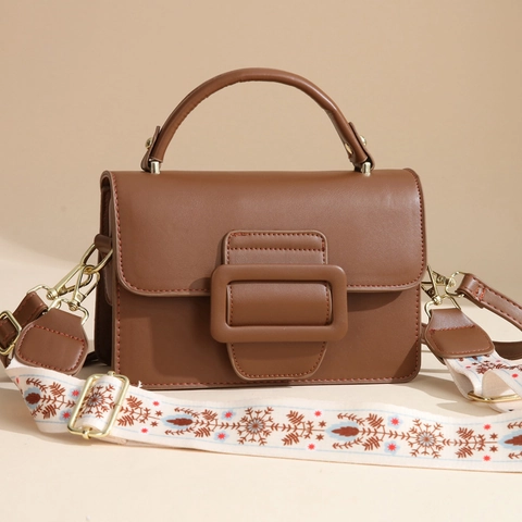 Women Small Square Crossbody Bag PU Leather Wide Embroidered Strap Large Buckle Fashion Chic Shoulder Handbag