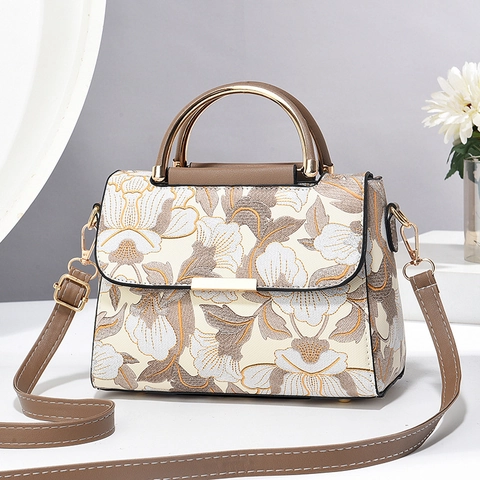 Floral Embroidery Shoulder Bag PU Leather Metal Handle Retro Crossbody Handbag For Women Elegant Casual