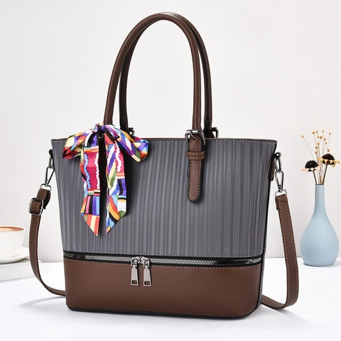 Borsa Tote Da Donna In Pelle PU Moda Color Block Righe Verticali Borsa A Mano Grande Capacità Con Sciarpa Di Raso Tracolla