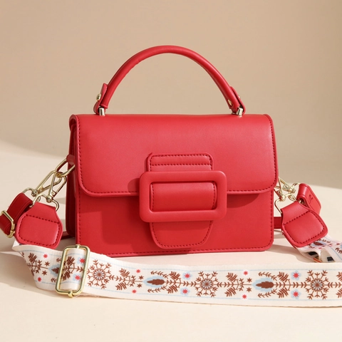 Women Small Square Crossbody Bag PU Leather Wide Embroidered Strap Large Buckle Fashion Chic Shoulder Handbag